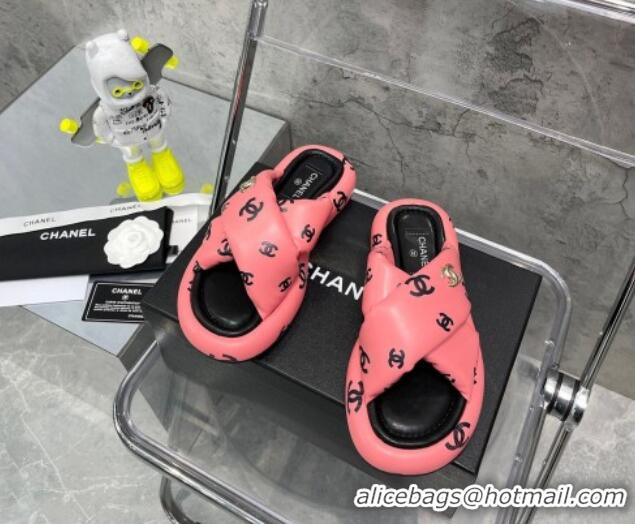 Low Cost Chanel CC Printed Lambskin Cross Sandals Peach Pink 052014