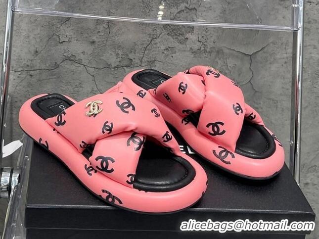 Low Cost Chanel CC Printed Lambskin Cross Sandals Peach Pink 052014