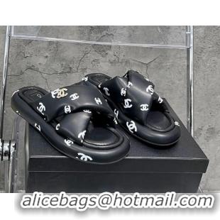 Unique Style Chanel CC Printed Lambskin Cross Sandals Black 052009