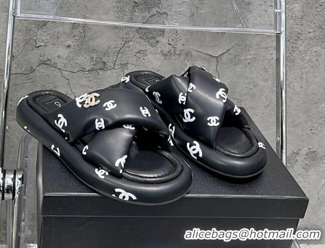 Unique Style Chanel CC Printed Lambskin Cross Sandals Black 052009