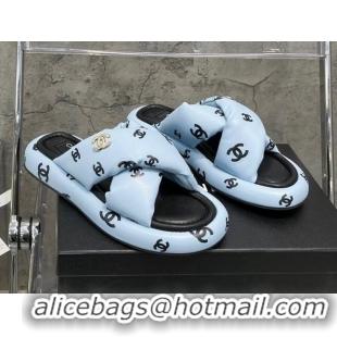 Low Cost Chanel CC Printed Lambskin Cross Sandals Blue 052010