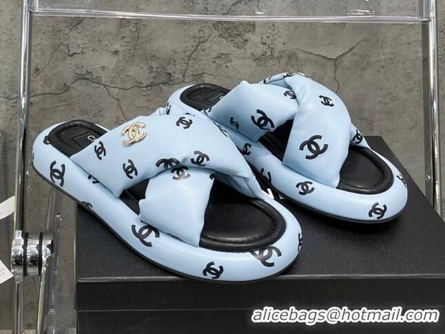 Low Cost Chanel CC Printed Lambskin Cross Sandals Blue 052010