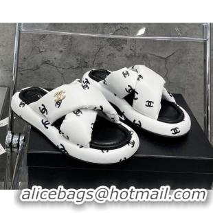 Top Design Chanel CC Printed Lambskin Cross Sandals White 052011