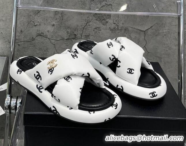 Top Design Chanel CC Printed Lambskin Cross Sandals White 052011