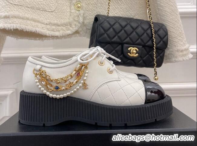 Durable Chanel Calfskin Chain Tassel Lace-ups White 052014