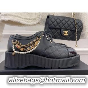 Good Quality Chanel Calfskin Chain Tassel Lace-ups Black 052015