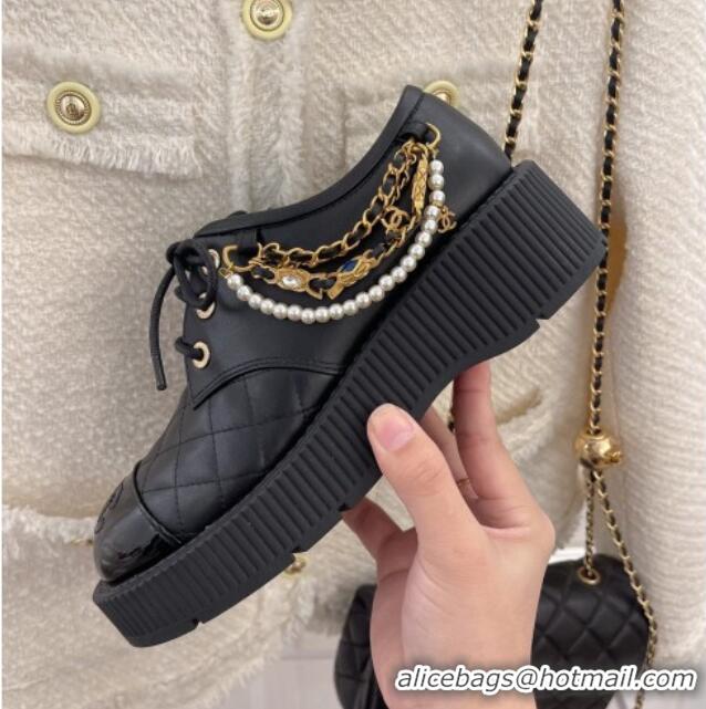 Good Quality Chanel Calfskin Chain Tassel Lace-ups Black 052015