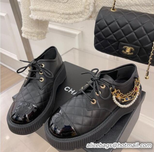 Good Quality Chanel Calfskin Chain Tassel Lace-ups Black 052015