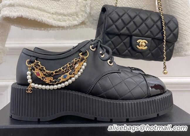 Good Quality Chanel Calfskin Chain Tassel Lace-ups Black 052015