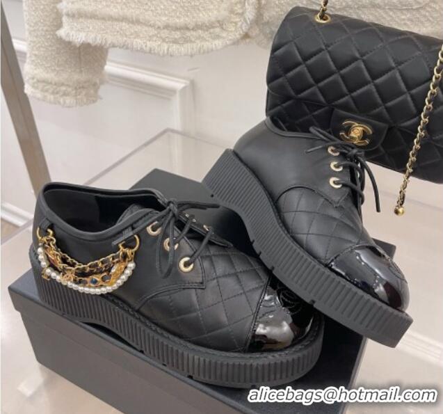 Good Quality Chanel Calfskin Chain Tassel Lace-ups Black 052015