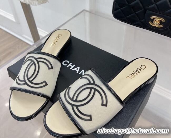 Best Product Chanel CC Mesh Flat Slide Sandals White 052016