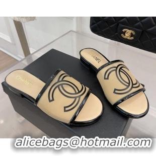 Good Looking Chanel CC Mesh Flat Slide Sandals Beige 052017