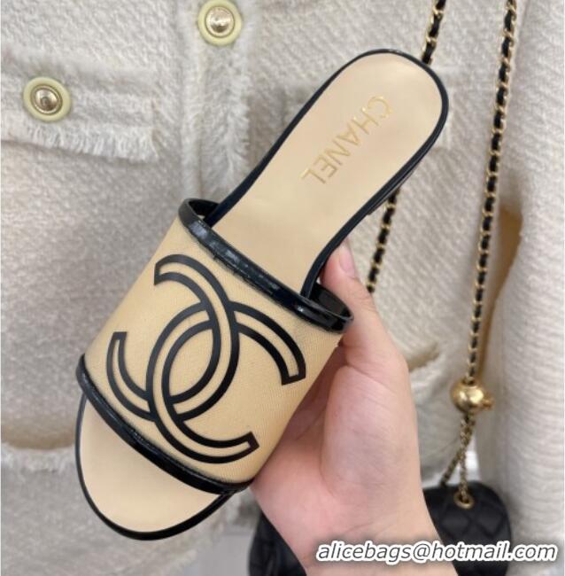 Good Looking Chanel CC Mesh Flat Slide Sandals Beige 052017