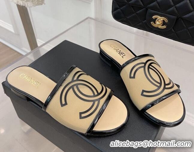 Good Looking Chanel CC Mesh Flat Slide Sandals Beige 052017