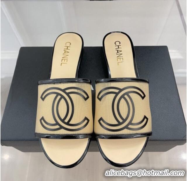 Good Looking Chanel CC Mesh Flat Slide Sandals Beige 052017