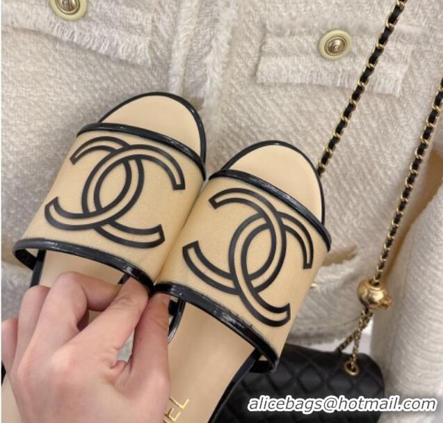 Good Looking Chanel CC Mesh Flat Slide Sandals Beige 052017