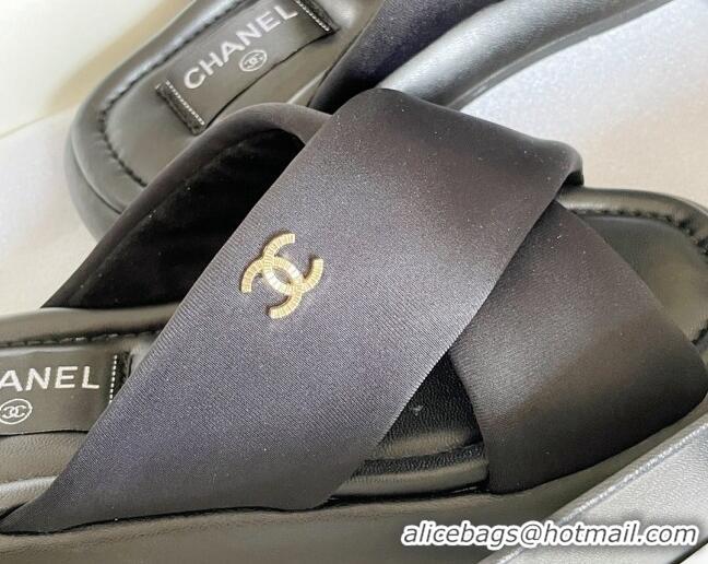 Luxurious Chanel Fabric Cross Flat Slide Sandals G38864 Black