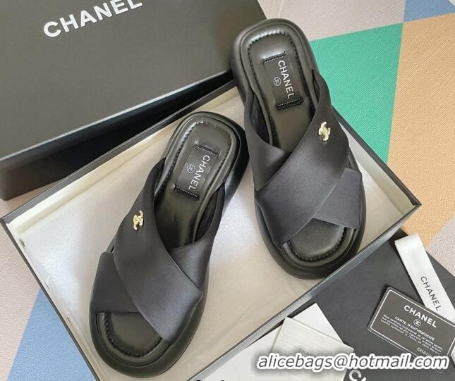 Luxurious Chanel Fabric Cross Flat Slide Sandals G38864 Black