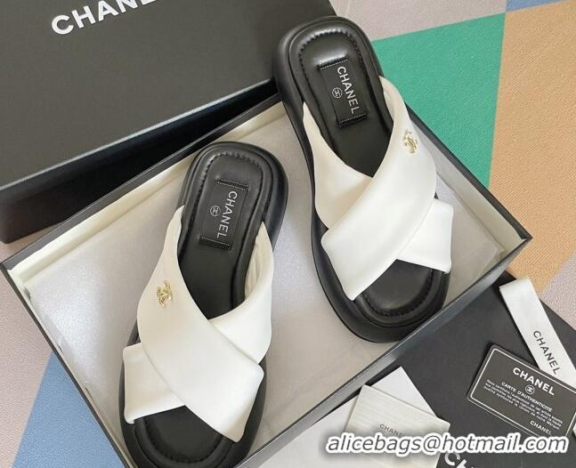 Feminine Chanel Fabric Cross Flat Slide Sandals G38864 White