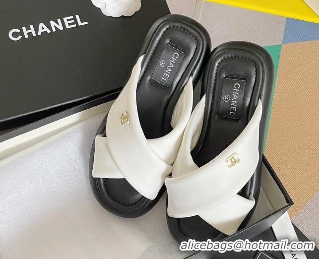 Feminine Chanel Fabric Cross Flat Slide Sandals G38864 White