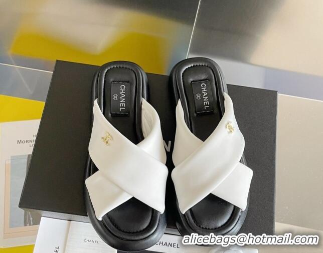 Feminine Chanel Fabric Cross Flat Slide Sandals G38864 White