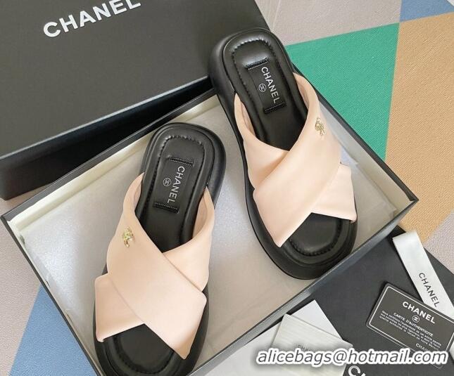 Sophisticated Chanel Fabric Cross Flat Slide Sandals G38864 Pink