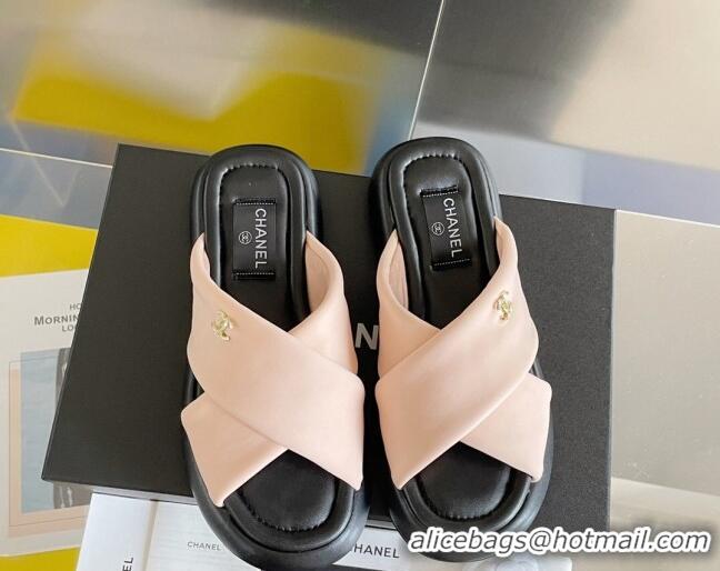 Sophisticated Chanel Fabric Cross Flat Slide Sandals G38864 Pink