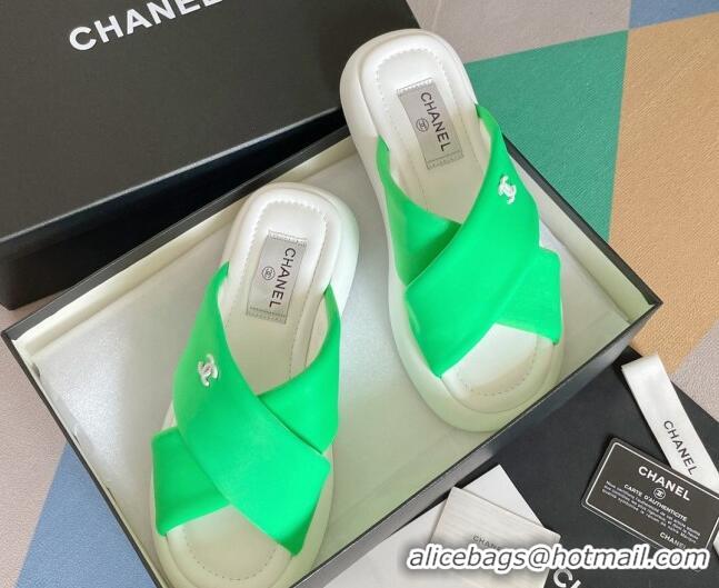 Good Quality Chanel Fabric Cross Flat Slide Sandals G38864 Green