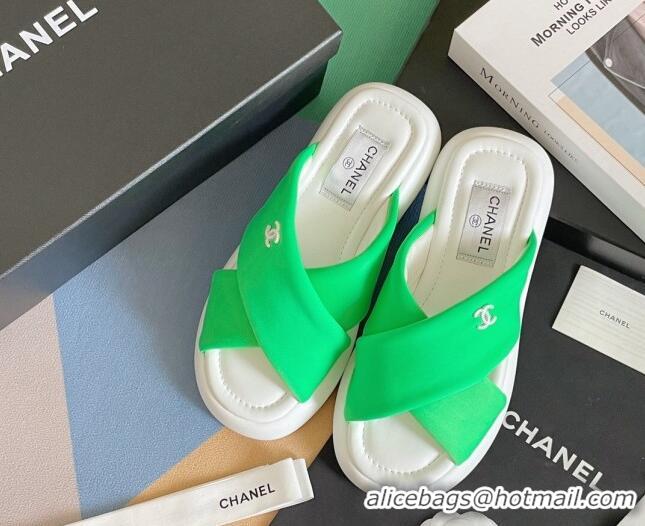 Good Quality Chanel Fabric Cross Flat Slide Sandals G38864 Green