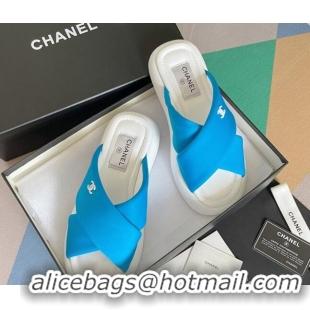 Best Grade Chanel Fabric Cross Flat Slide Sandals G38864 Blue