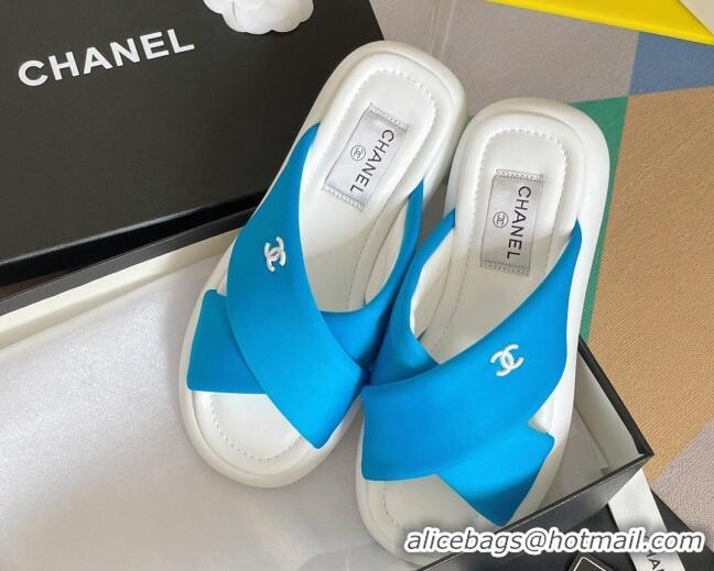 Best Grade Chanel Fabric Cross Flat Slide Sandals G38864 Blue