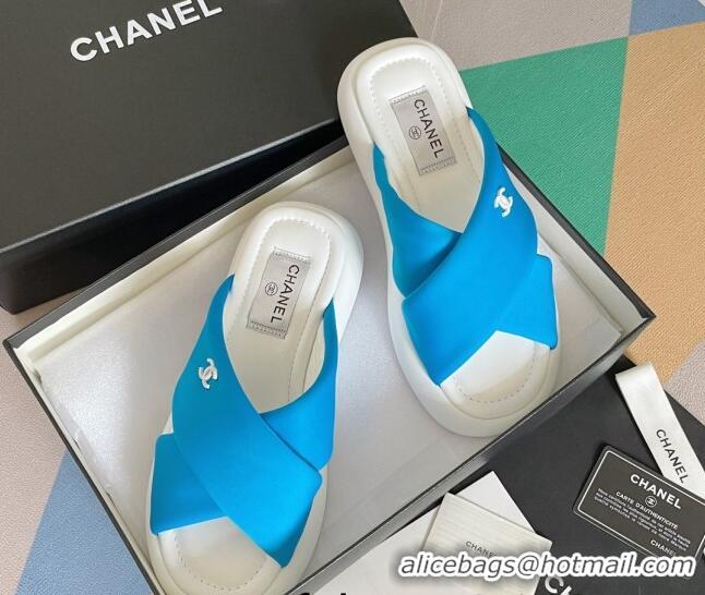 Best Grade Chanel Fabric Cross Flat Slide Sandals G38864 Blue