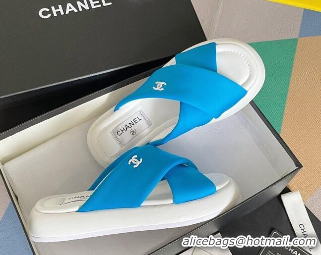 Best Grade Chanel Fabric Cross Flat Slide Sandals G38864 Blue