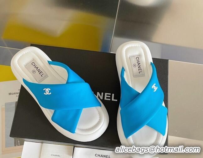 Best Grade Chanel Fabric Cross Flat Slide Sandals G38864 Blue