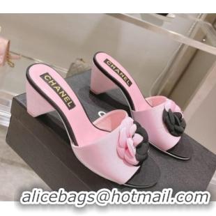 Fashion Chanel Grosgrain Camellia Bloom Heel Slide Sandals 5cm Pink 052031