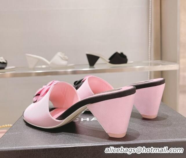 Fashion Chanel Grosgrain Camellia Bloom Heel Slide Sandals 5cm Pink 052031