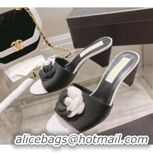 1:1 aaaaa Chanel Grosgrain Camellia Bloom Heel Slide Sandals 5cm 052031 Black