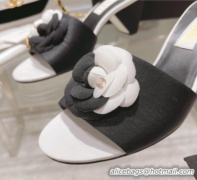 1:1 aaaaa Chanel Grosgrain Camellia Bloom Heel Slide Sandals 5cm 052031 Black