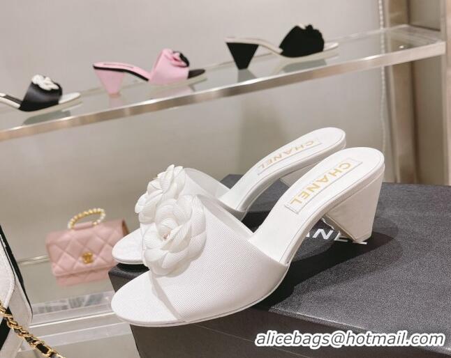 Perfect Chanel Grosgrain Camellia Bloom Heel Slide Sandals 5cm 052031 White