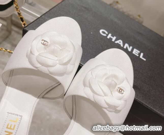 Perfect Chanel Grosgrain Camellia Bloom Heel Slide Sandals 5cm 052031 White