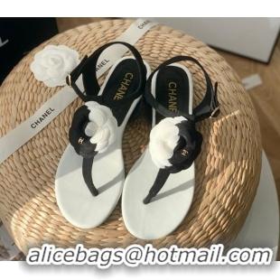 Original Cheap Chanel Grosgrain Camellia Bloom Flat Thong Sandals White/Black 052034