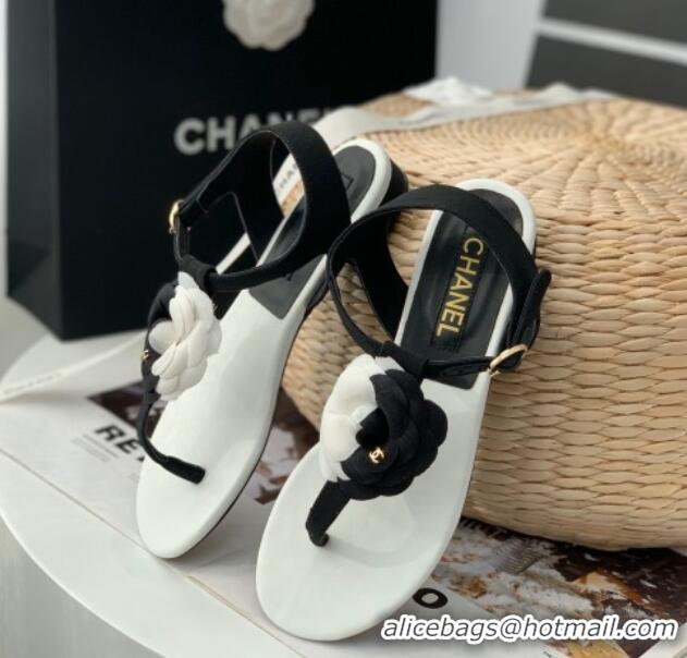 Original Cheap Chanel Grosgrain Camellia Bloom Flat Thong Sandals White/Black 052034