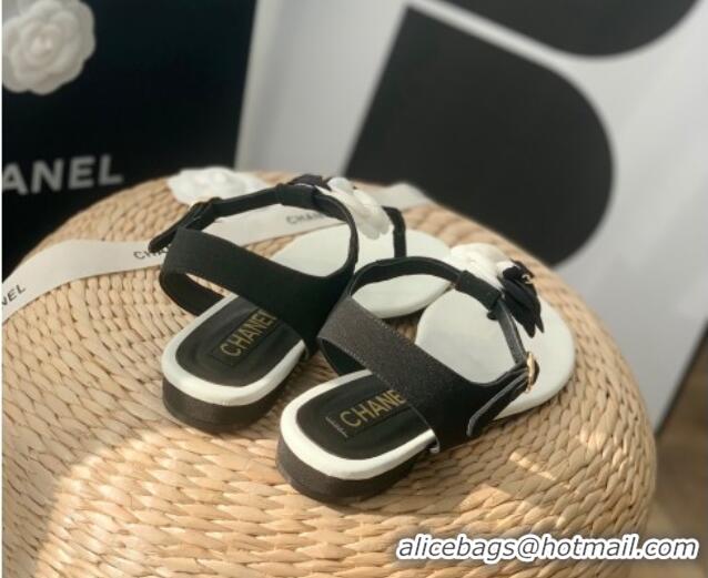 Original Cheap Chanel Grosgrain Camellia Bloom Flat Thong Sandals White/Black 052034