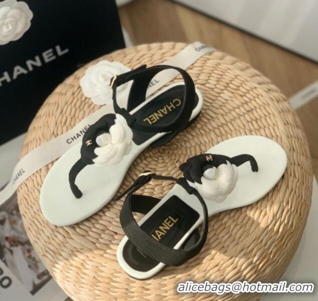 Original Cheap Chanel Grosgrain Camellia Bloom Flat Thong Sandals White/Black 052034