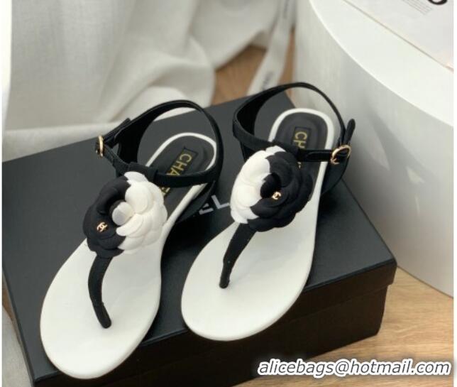 Original Cheap Chanel Grosgrain Camellia Bloom Flat Thong Sandals White/Black 052034