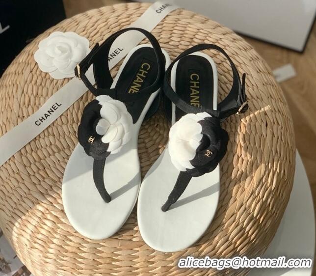 Original Cheap Chanel Grosgrain Camellia Bloom Flat Thong Sandals White/Black 052034