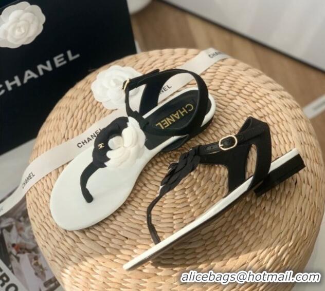 Original Cheap Chanel Grosgrain Camellia Bloom Flat Thong Sandals White/Black 052034