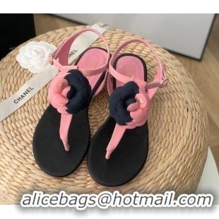 Hot Style Chanel Grosgrain Camellia Bloom Flat Thong Sandals Pink/Black 052035