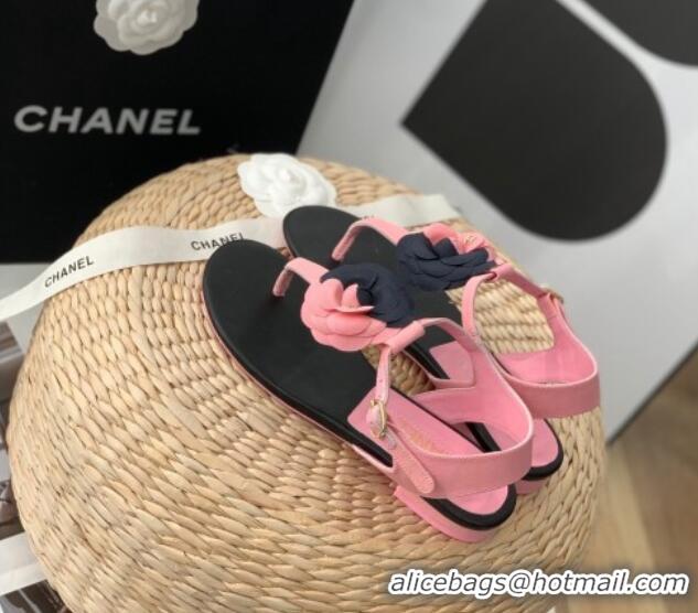 Hot Style Chanel Grosgrain Camellia Bloom Flat Thong Sandals Pink/Black 052035