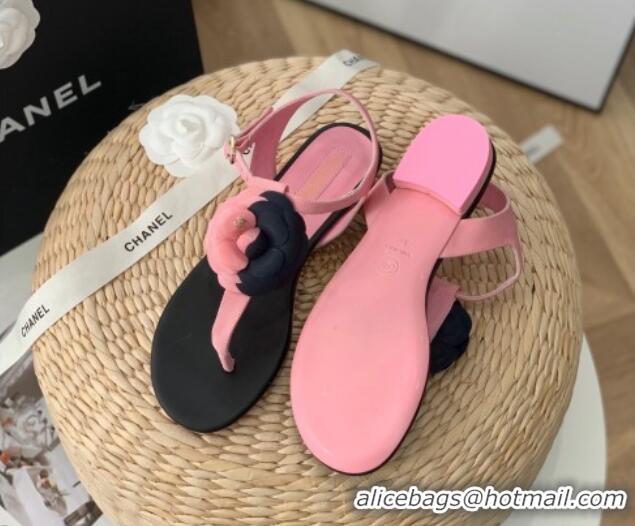 Hot Style Chanel Grosgrain Camellia Bloom Flat Thong Sandals Pink/Black 052035